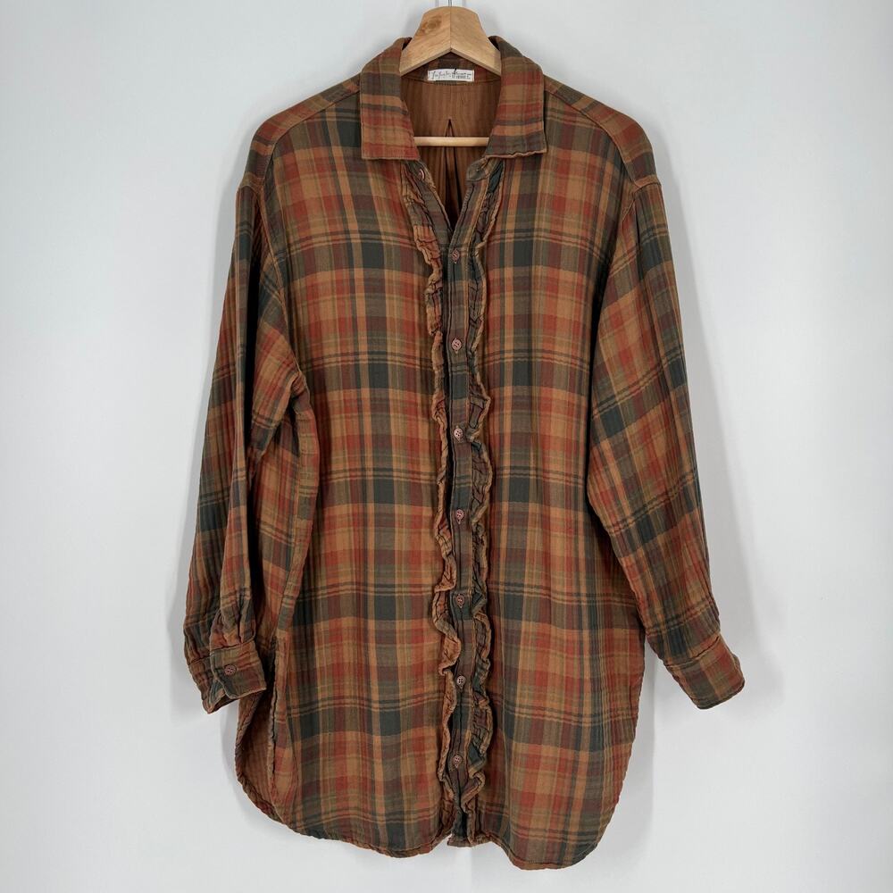 Free People x CP Shades Ruffle Plaid Button Tunic Top Womens Small Flannel USA